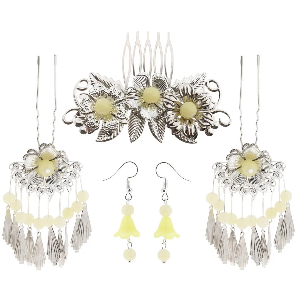 1 Set Ancient Chinese Flower Hair Comb Tassel Dangle Earrings Light Yellow