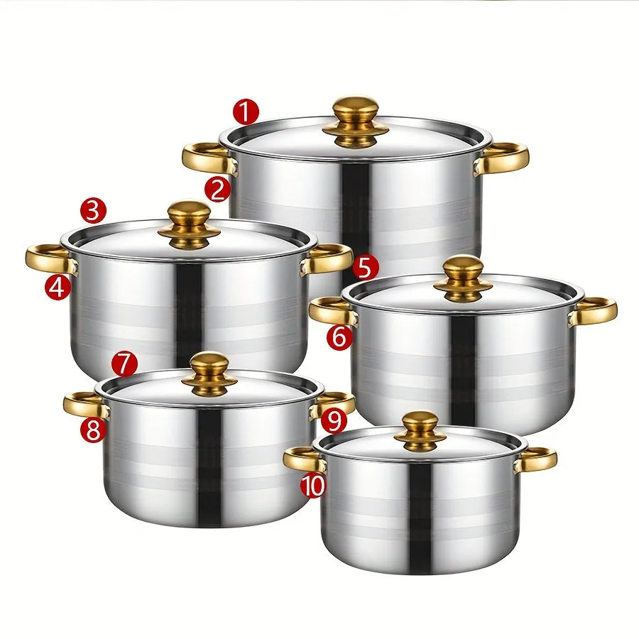 10-Piece Stainless Steel Saucepan Set with Lids - Premium Induction-Ready, Dishwasher Safe, Double-Handled Cookware for Soup, Stew, Pasta, and Seafood - Multipurpose, Space-Saving, and Durable Cookset for Home, Dorm, and Camping Adventures