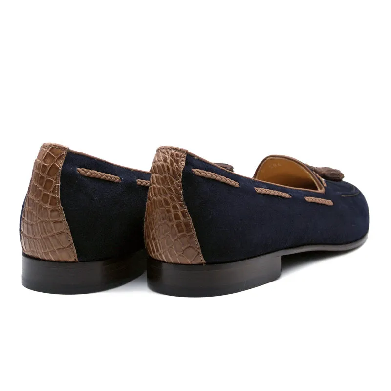 16-584-NVY NAPLES Italian Kid Suede with Embossed Crocodile Tassel Loafer, Navy