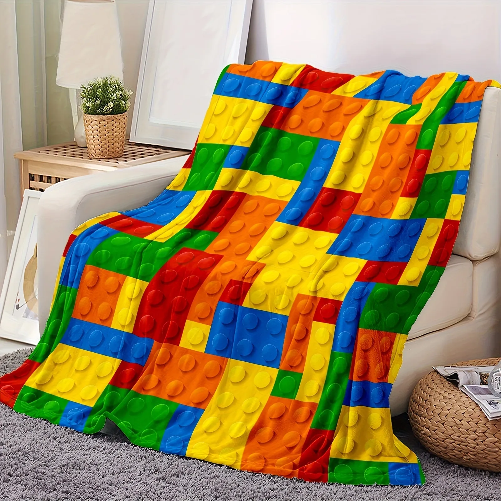 1pc Cozy Building Blocks Flannel Blanket - Soft, Warm, and Vibrant Print for Ultimate Comfort - Perfect for Couch, Sofa, Office, Bed, Camping, and Traveling