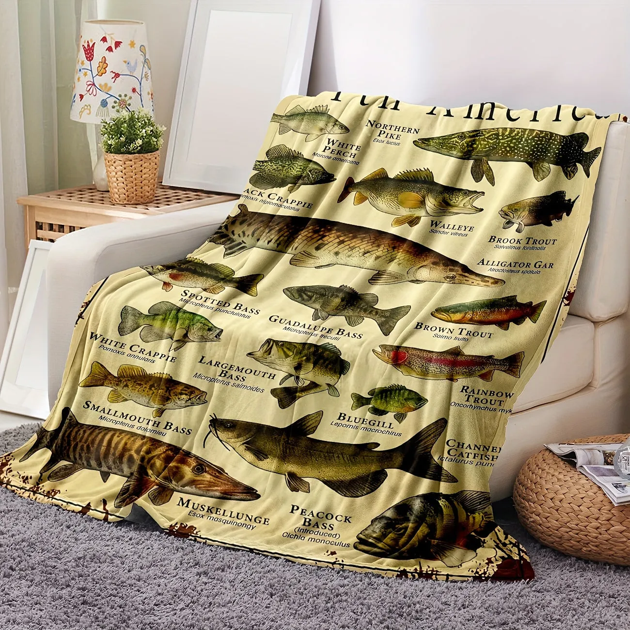 1PC Cozy Fish Pattern Flannel Blanket - Soft, Warm, Lightweight, Comfortable Throw for Sofa, Bed, Travel, Camping, Living Room, Office - Perfect for Lunch Break, Relaxation, and Outdoor Activities