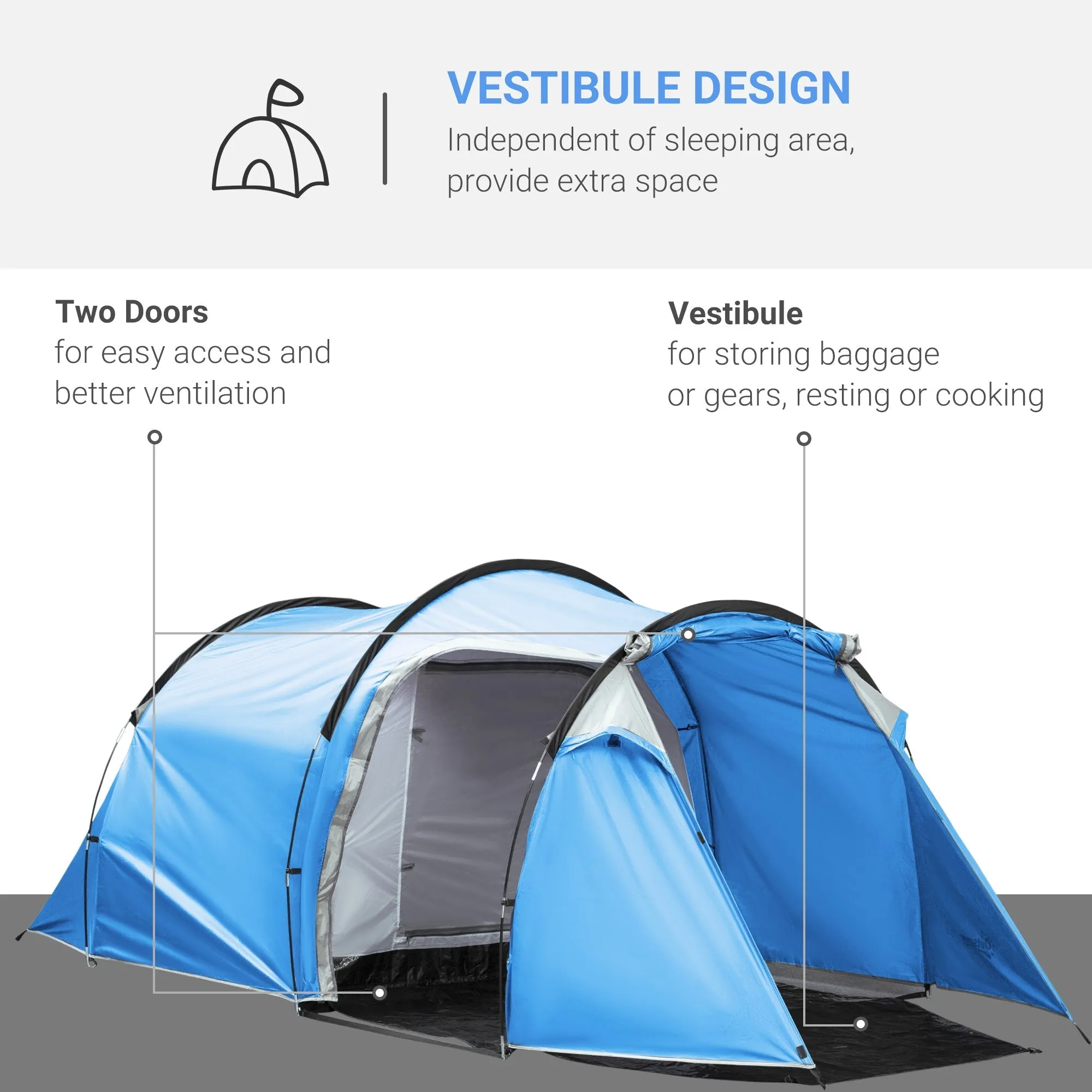 2-3 Man Tunnel Tents w/ Vestibule Camping Tent Porch Air Vents Rainfly Weather-Resistant Shelter Fishing Hiking Festival Shelter Home