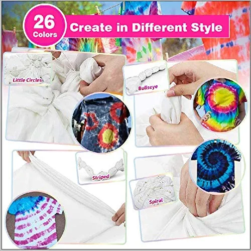 26 Colors DIY Tie Dye Kits,All in One Tie Dye Fabric Set with Rubber Bands, Gloves, Plastic Film and Table Covers for Kids,Adults,Family Groups Party Supplies,Non-Toxic DIY Tie-Dye Handmade Project