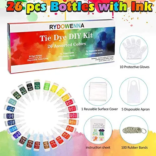 26 Colors DIY Tie Dye Kits,All in One Tie Dye Fabric Set with Rubber Bands, Gloves, Plastic Film and Table Covers for Kids,Adults,Family Groups Party Supplies,Non-Toxic DIY Tie-Dye Handmade Project