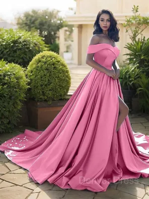 A-Line Off-the-Shoulder Court Train Satin Evening Dresses With Leg Slit