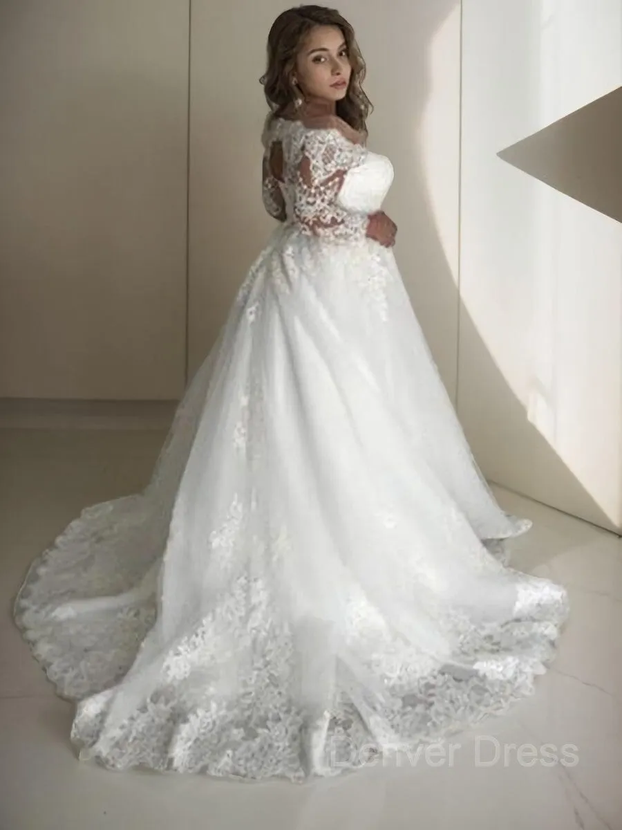 A-Line Off-the-Shoulder Court Train Tulle Wedding Dresses With Sash