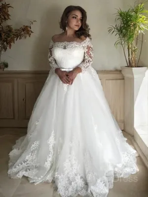 A-Line Off-the-Shoulder Court Train Tulle Wedding Dresses With Sash