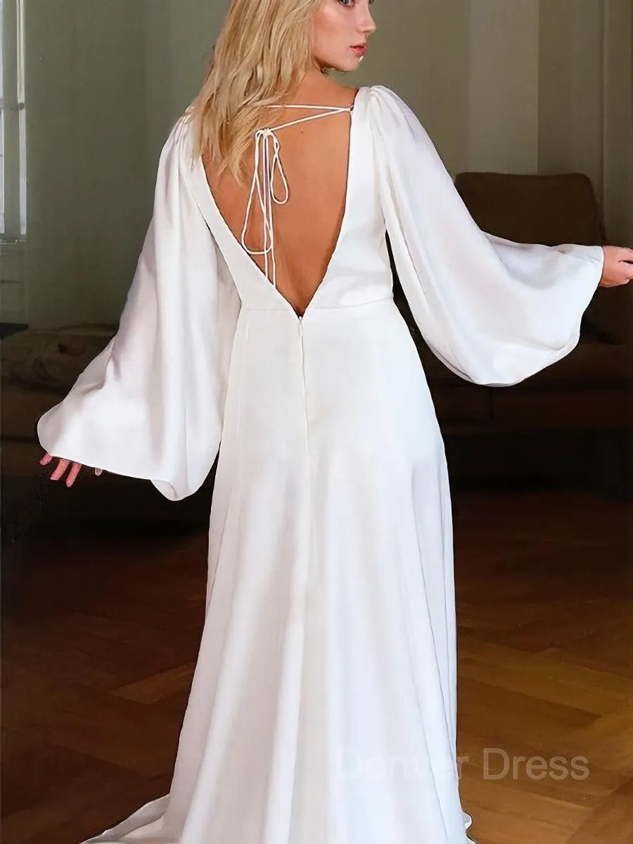 A-Line V-neck Court Train Charmeuse Wedding Dresses With Leg Slit