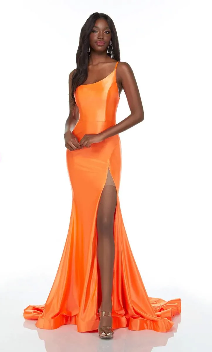 Alyce Paris 61159 High Slit One Shoulder Stretch Satin Dress - PINK, BLUE or ORANGE