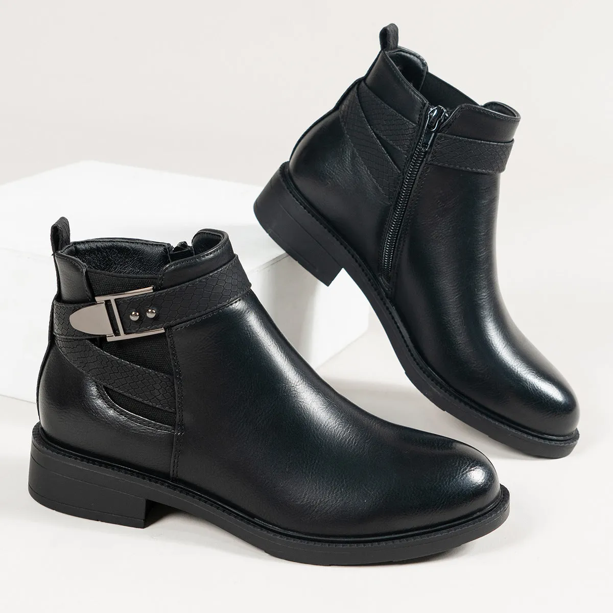 Ankle Boots  Chelsea  Women Black Side Zipper Buckle