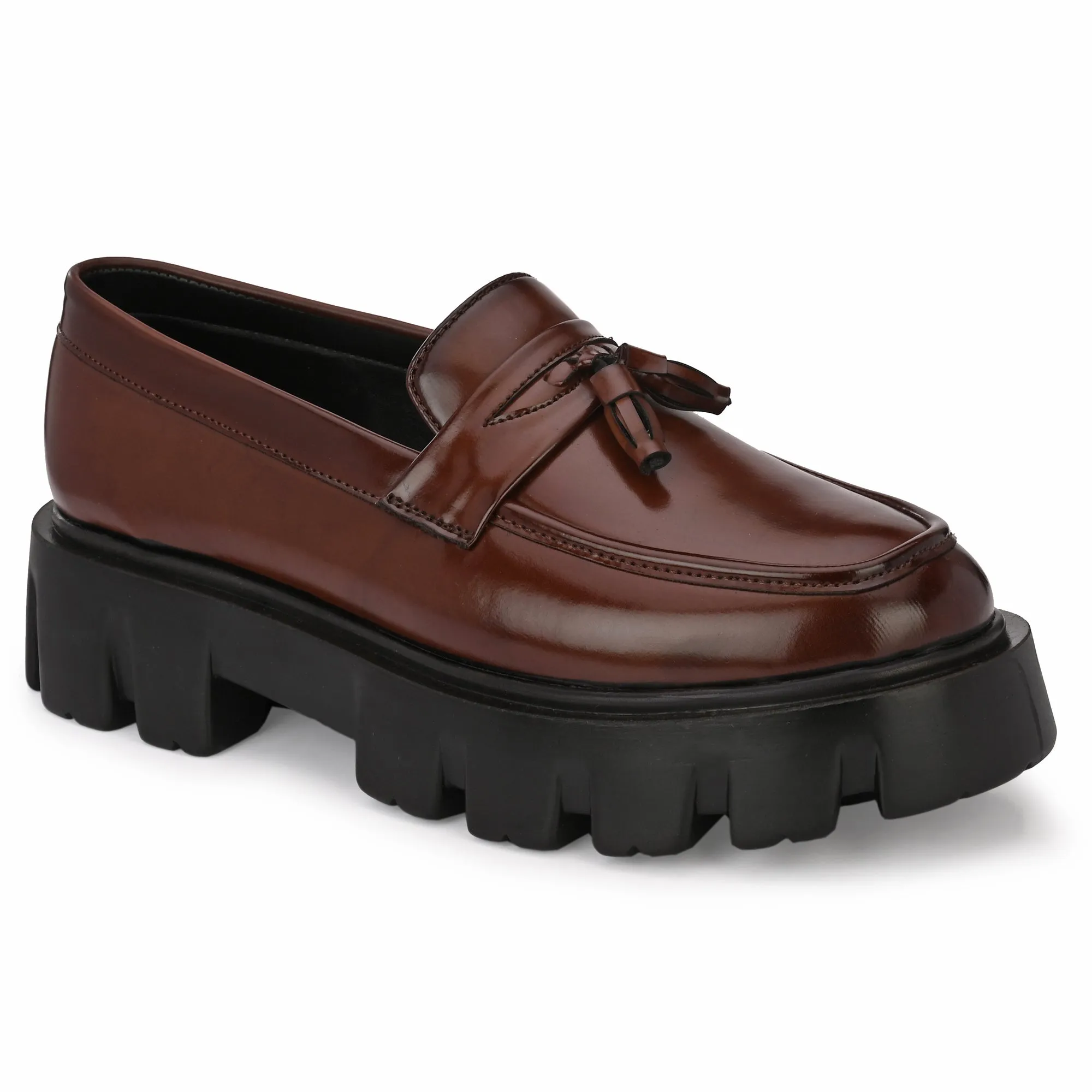 Attitudist Unisex Glossy Brown High Heel Tassel Loafers