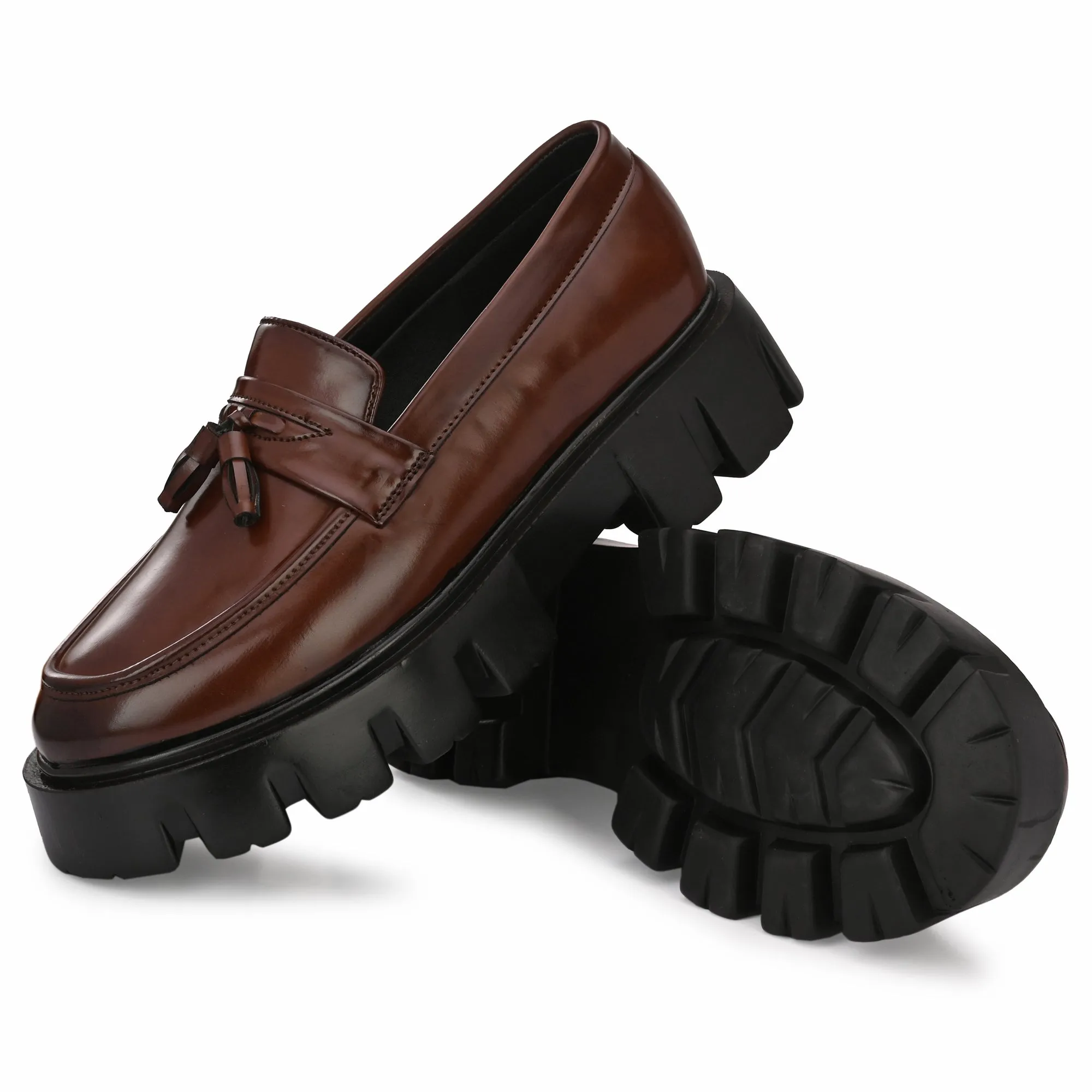 Attitudist Unisex Glossy Brown High Heel Tassel Loafers