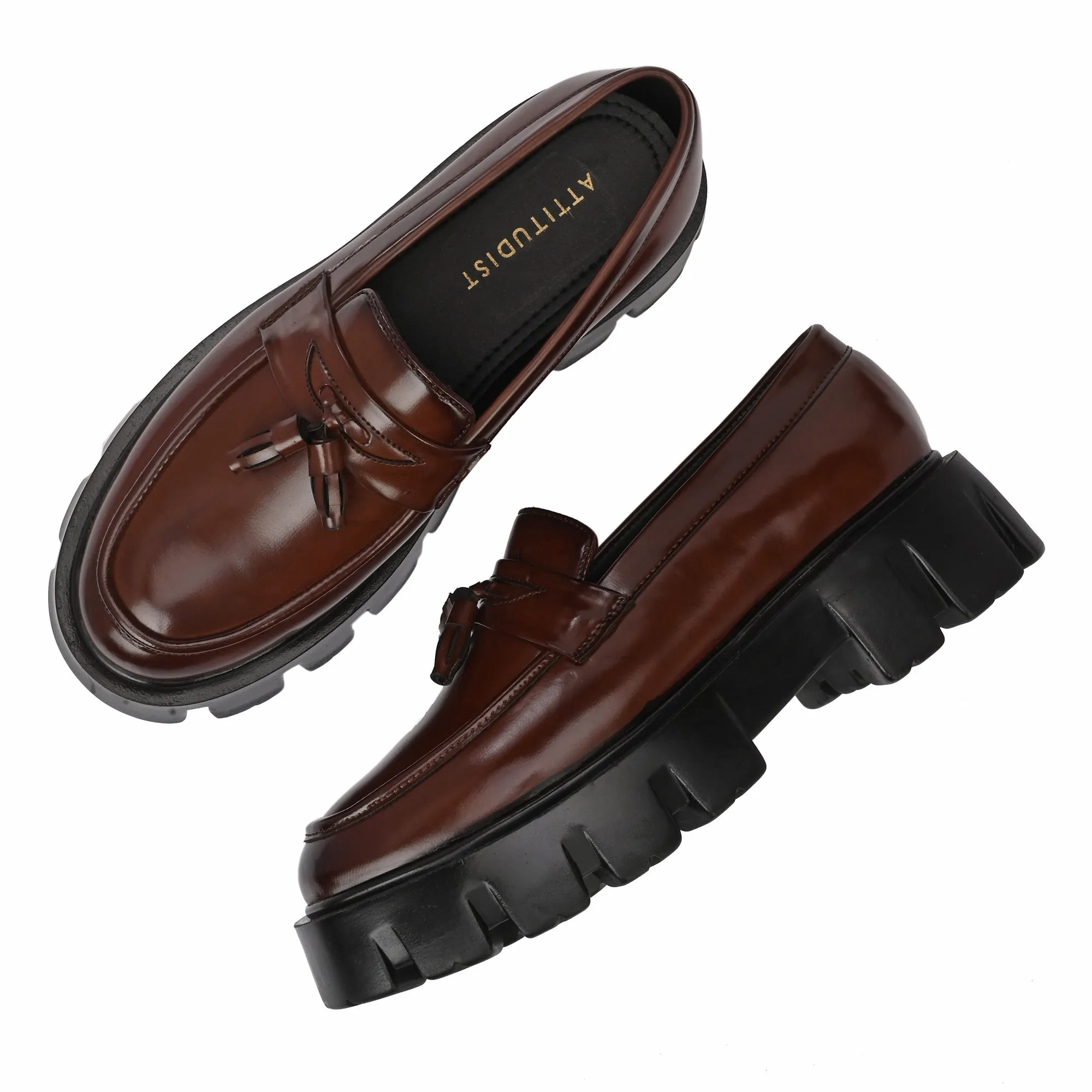 Attitudist Unisex Glossy Brown High Heel Tassel Loafers