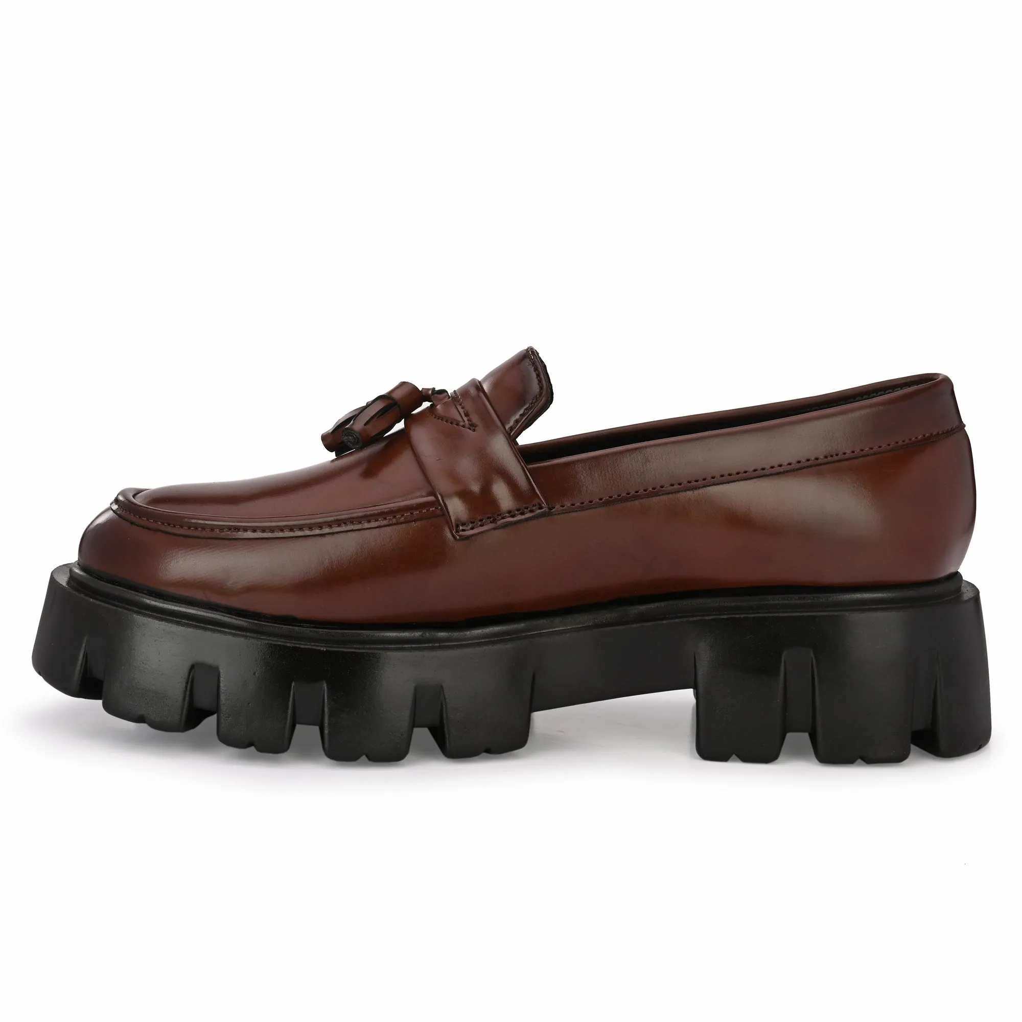 Attitudist Unisex Glossy Brown High Heel Tassel Loafers