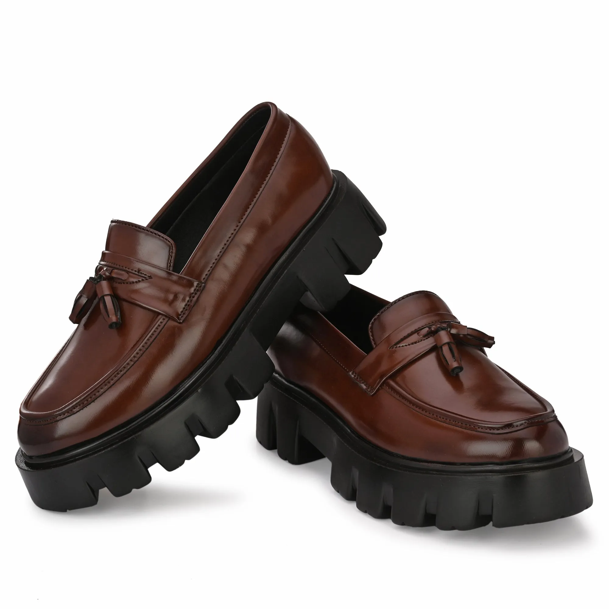 Attitudist Unisex Glossy Brown High Heel Tassel Loafers