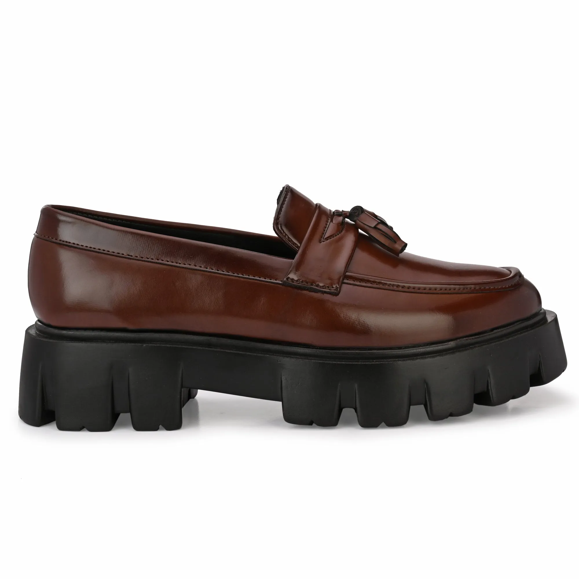 Attitudist Unisex Glossy Brown High Heel Tassel Loafers