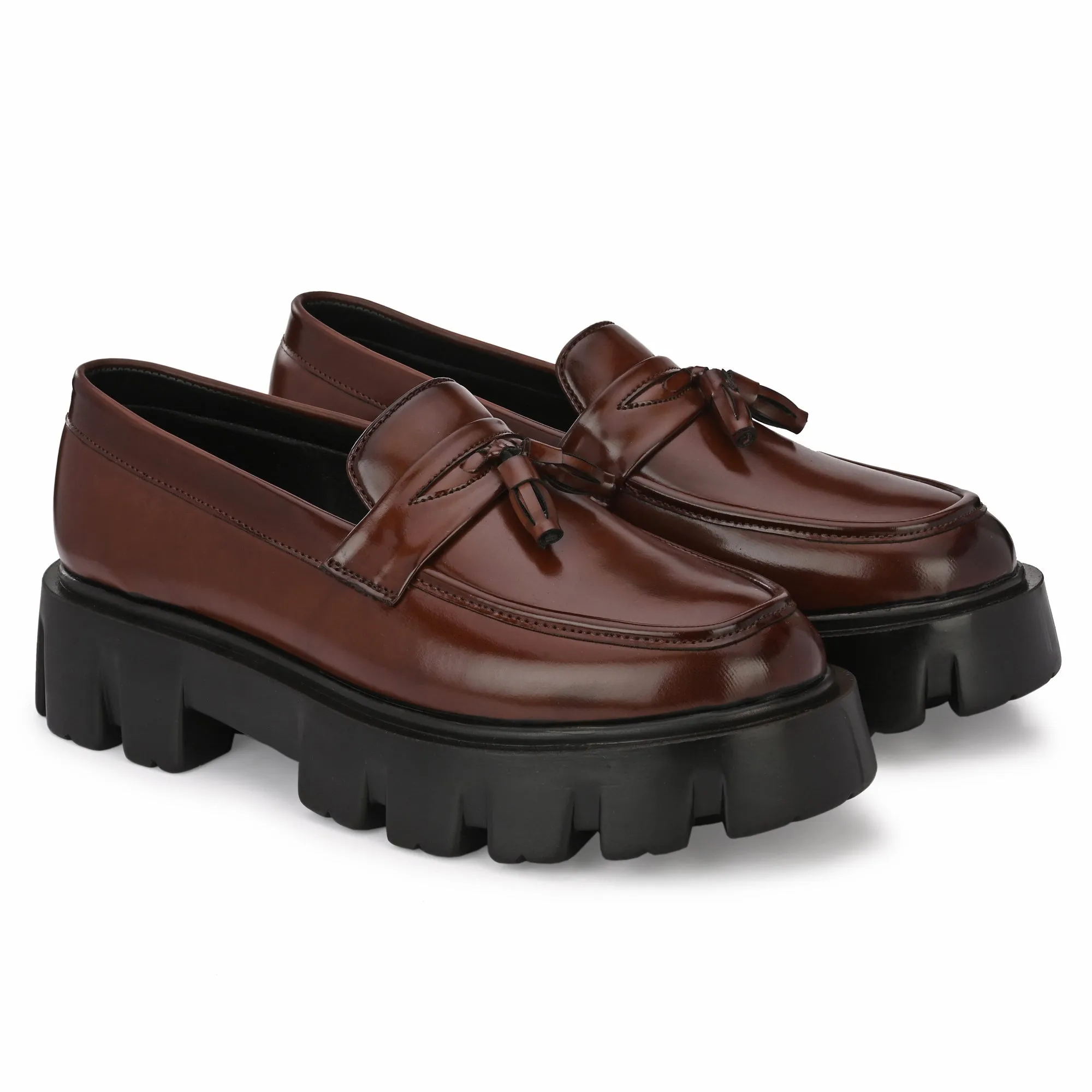 Attitudist Unisex Glossy Brown High Heel Tassel Loafers