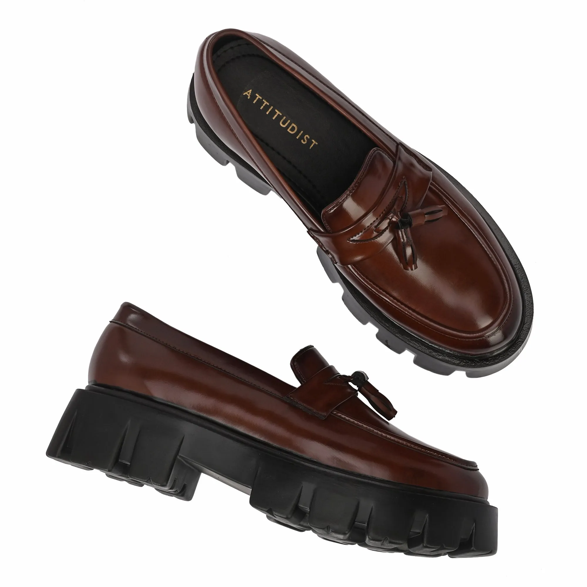 Attitudist Unisex Glossy Brown High Heel Tassel Loafers