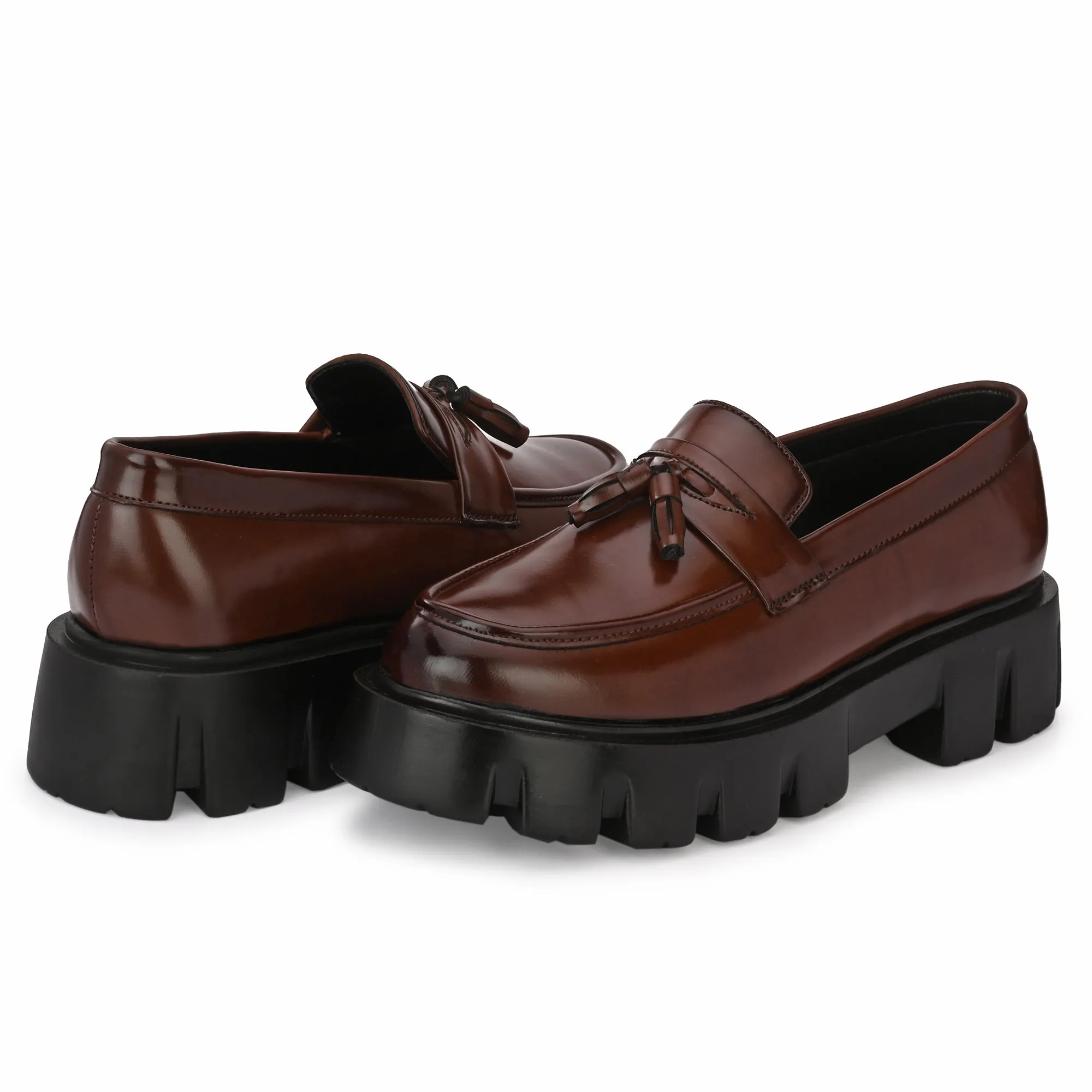 Attitudist Unisex Glossy Brown High Heel Tassel Loafers