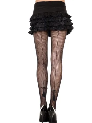 Backseamed Fishnet Tights with Tassel Bow - One Size