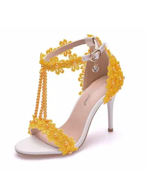 Beaded Thin Heel Fish Mouth Roman Sandals