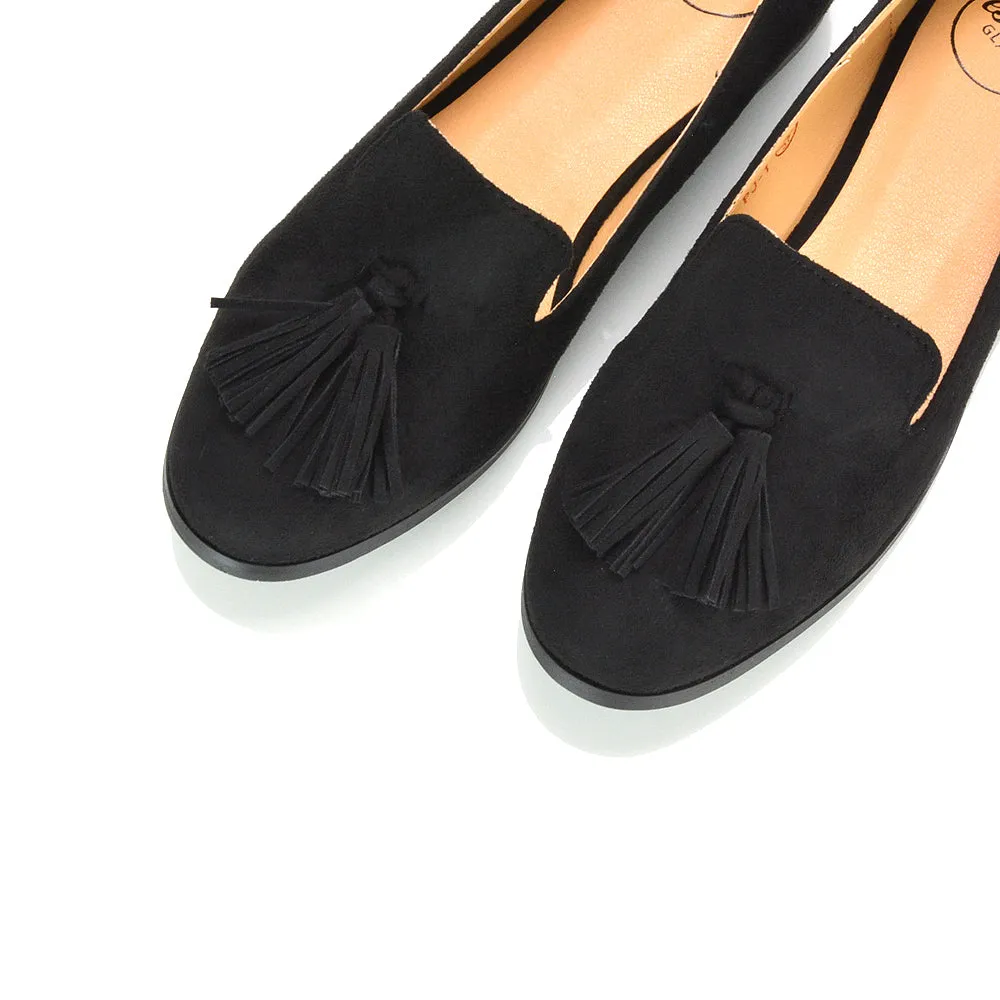 Betsy Slip on Pointed Toe Flat Tassel Detail Loafer Smart Shoes in Black Faux Suede