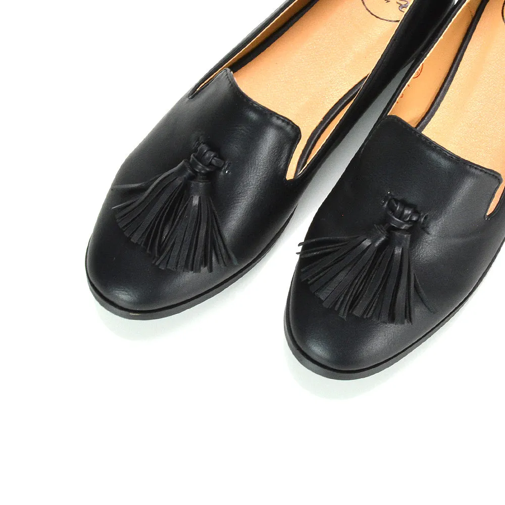 Betsy Slip on Pointed Toe Flat Tassel Detail Loafer Smart Shoes in Black Faux Suede