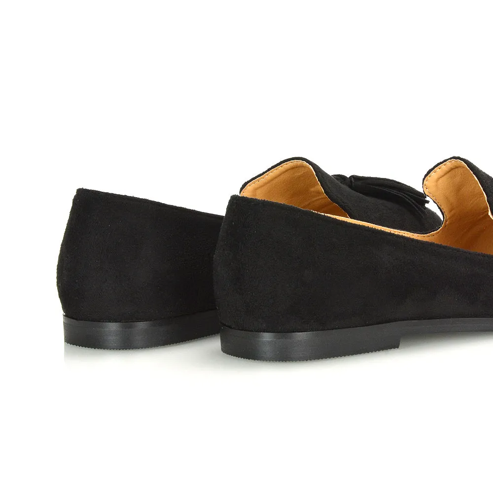 Betsy Slip on Pointed Toe Flat Tassel Detail Loafer Smart Shoes in Black Faux Suede