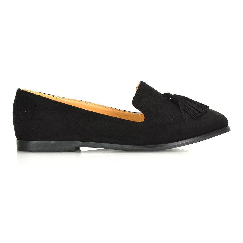 Betsy Slip on Pointed Toe Flat Tassel Detail Loafer Smart Shoes in Black Faux Suede