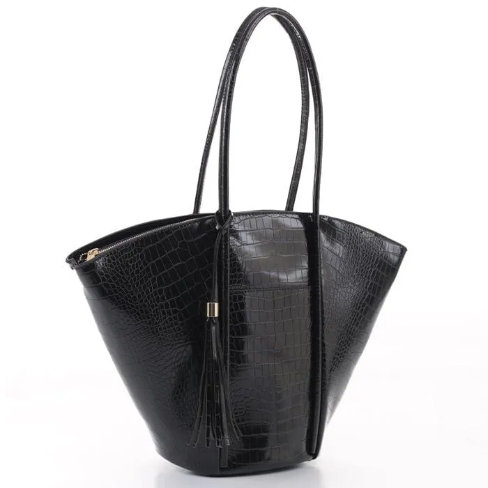 BJ5688C Croc Textured Large Fan Shoulder Bag w/ Tassel