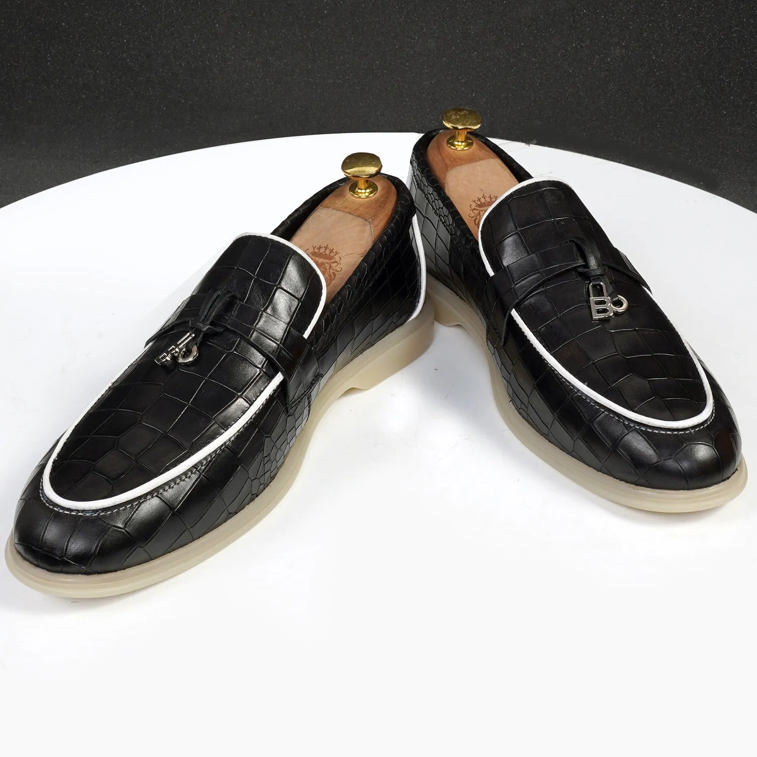 Black Deep Cut Yacht Loafers With Rubber Sole