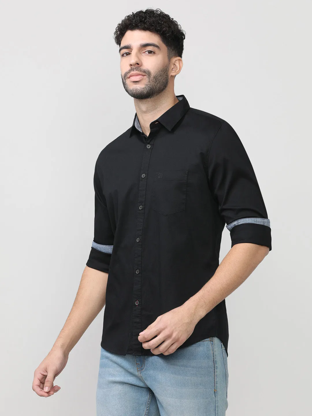 Black Dobby Lycra Plain Shirt With Pocket