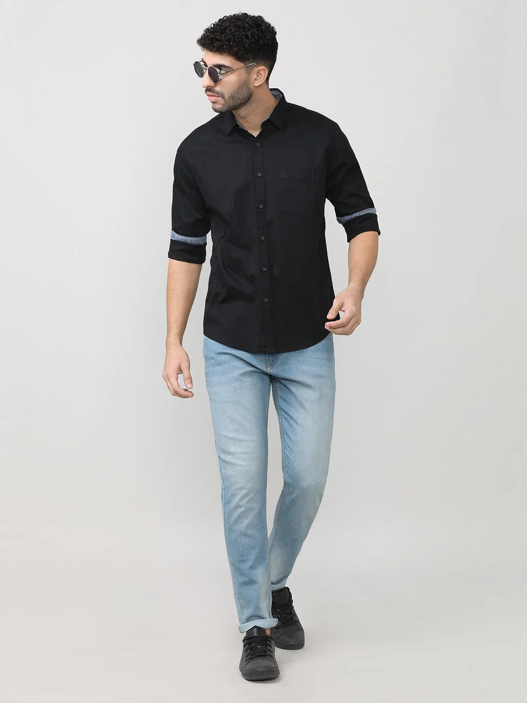 Black Dobby Lycra Plain Shirt With Pocket