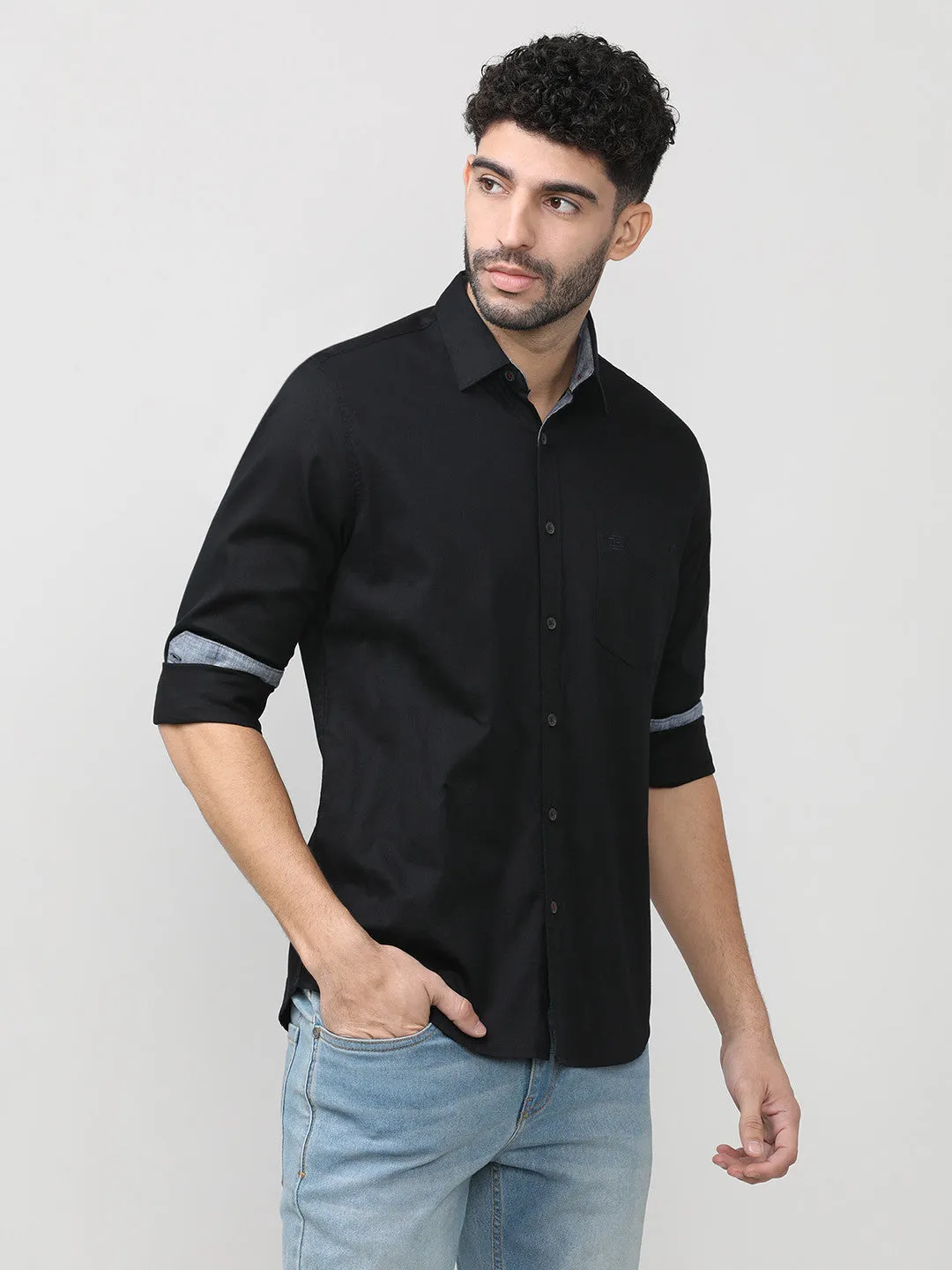 Black Dobby Lycra Plain Shirt With Pocket