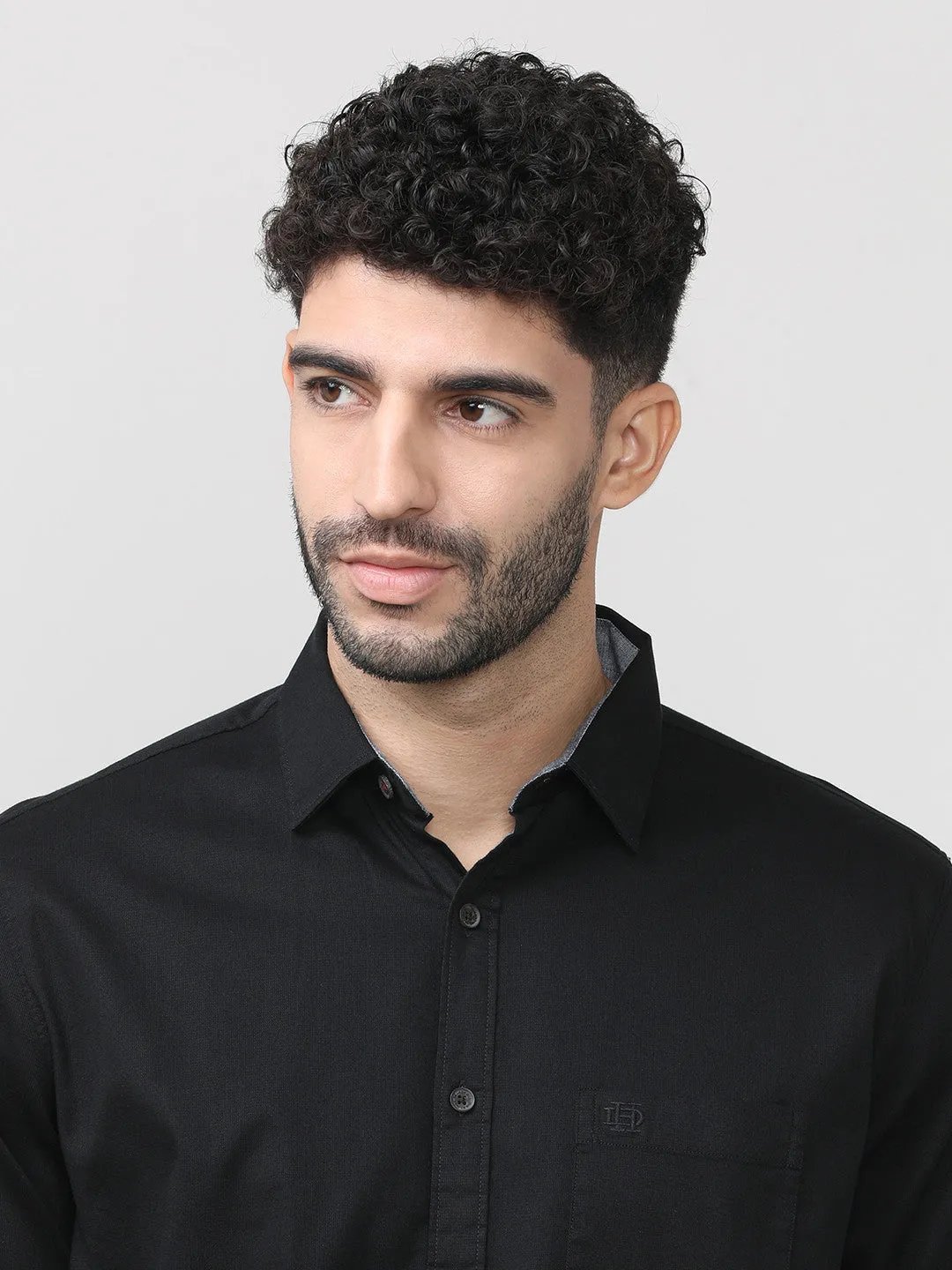 Black Dobby Lycra Plain Shirt With Pocket