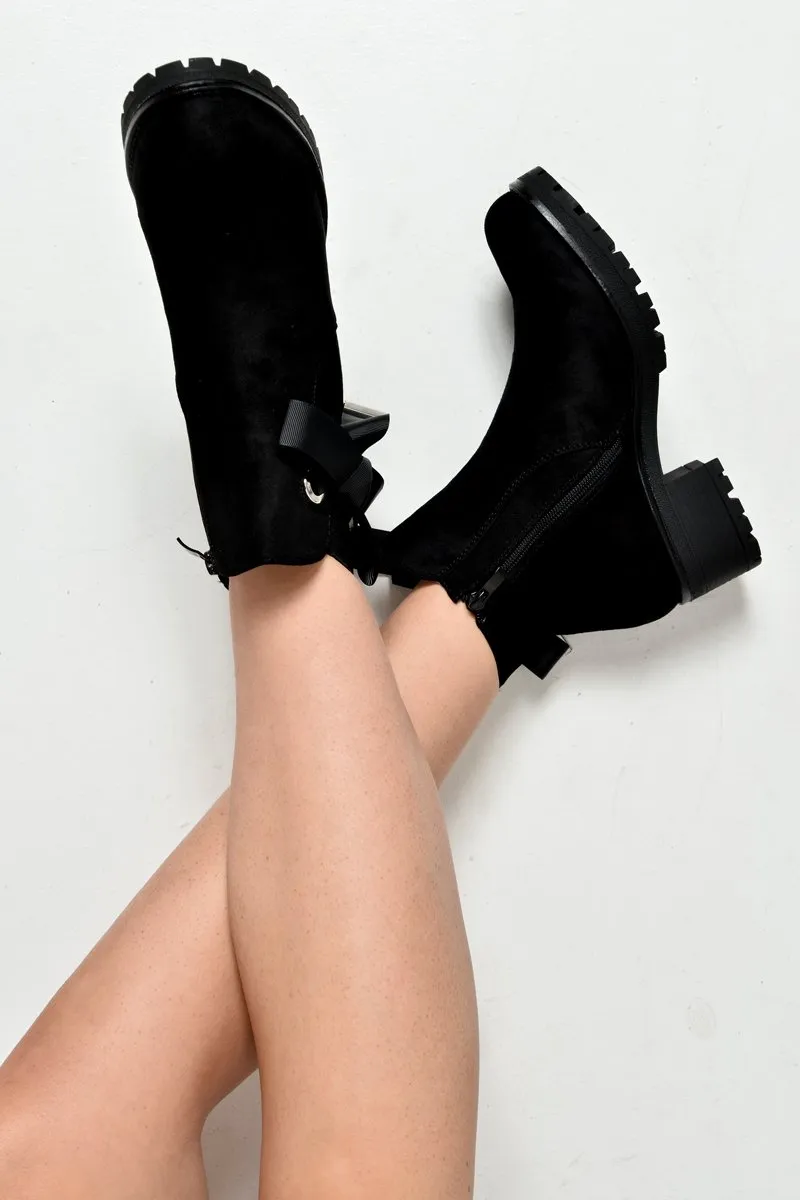 Black Faux Suede Bow Detail Chunky Chelsea Boots - Daleisa