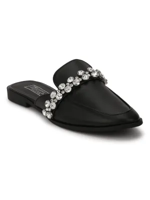 Black PU Diamante Open Back Loafer Flats