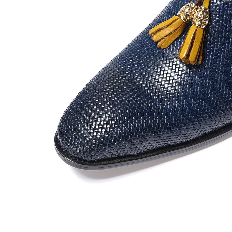 Blue Pattern Men Leather Loafers Shoe with Brown Tassel