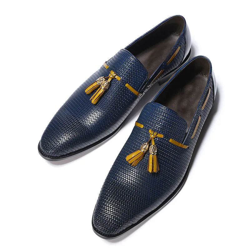 Blue Pattern Men Leather Loafers Shoe with Brown Tassel