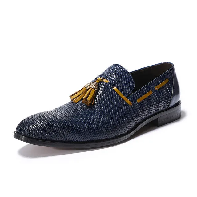 Blue Pattern Men Leather Loafers Shoe with Brown Tassel