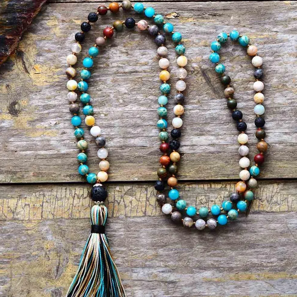 Blue Tassel Agate Lava 108 Mala Beads