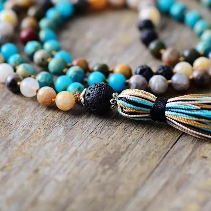 Blue Tassel Agate Lava 108 Mala Beads