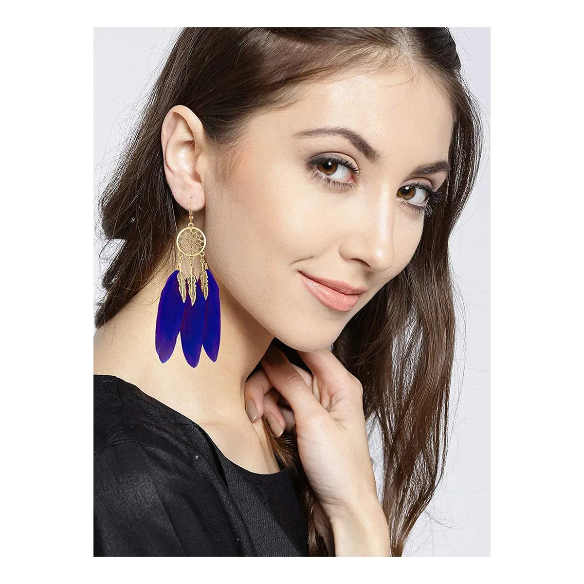 Boho Feather Flower Filigree Dark Blue 18K Gold Hanging Dangle Earring