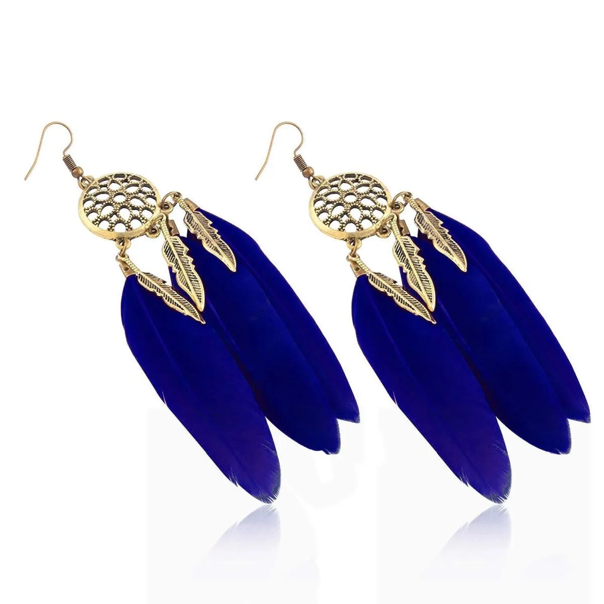 Boho Feather Flower Filigree Dark Blue 18K Gold Hanging Dangle Earring