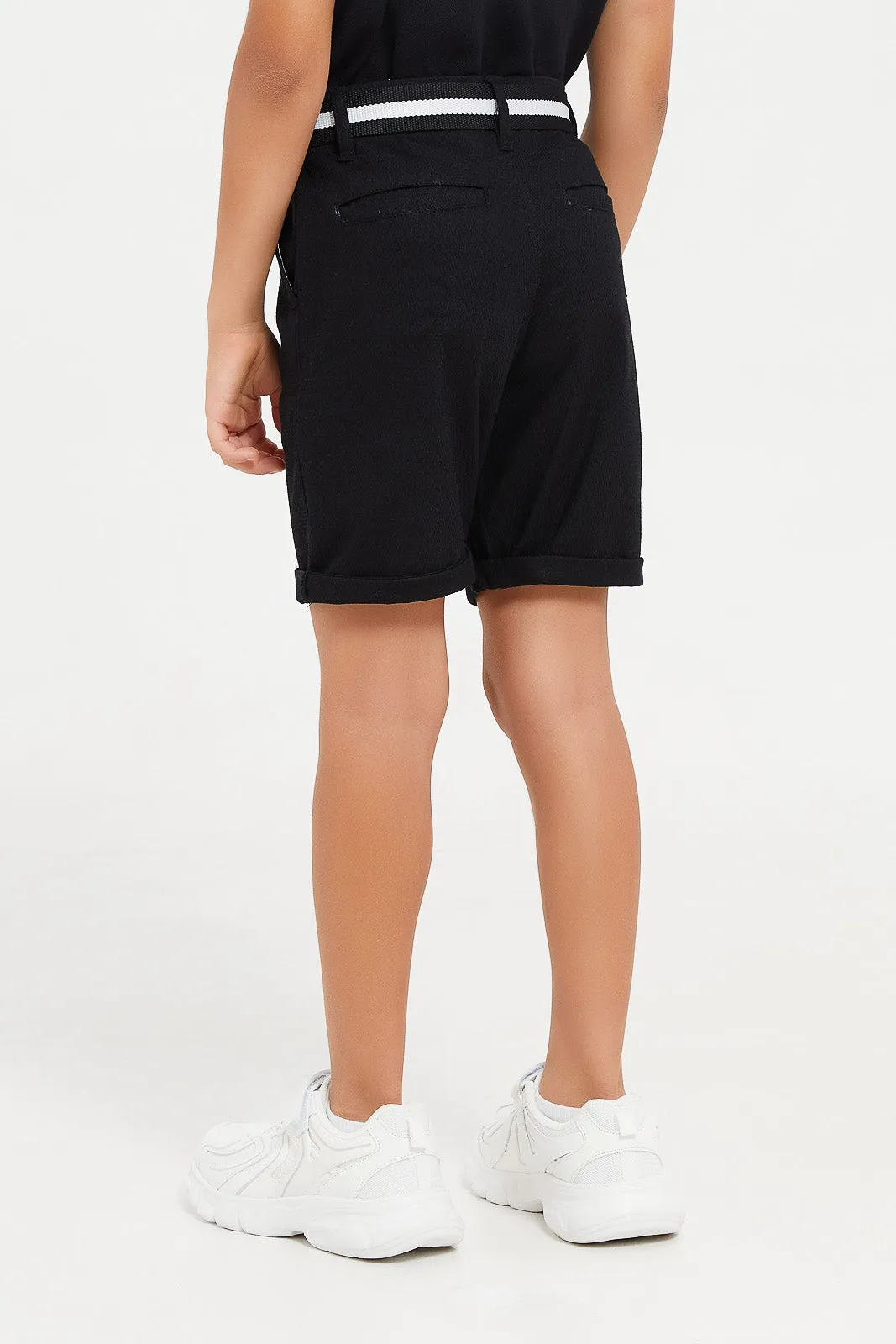 Boys Black Belted Dobby Shorts