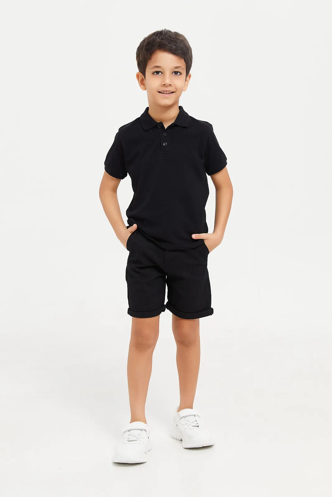 Boys Black Belted Dobby Shorts