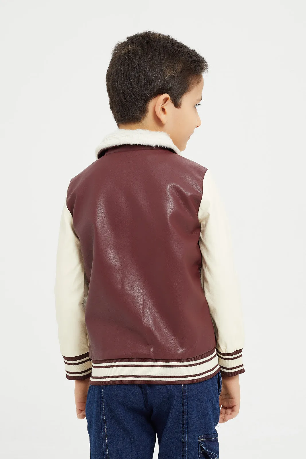 Boys Burgundy Pu Varsity Jacket