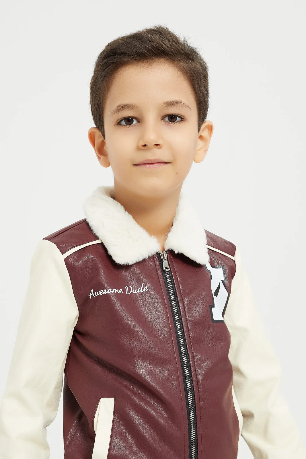 Boys Burgundy Pu Varsity Jacket