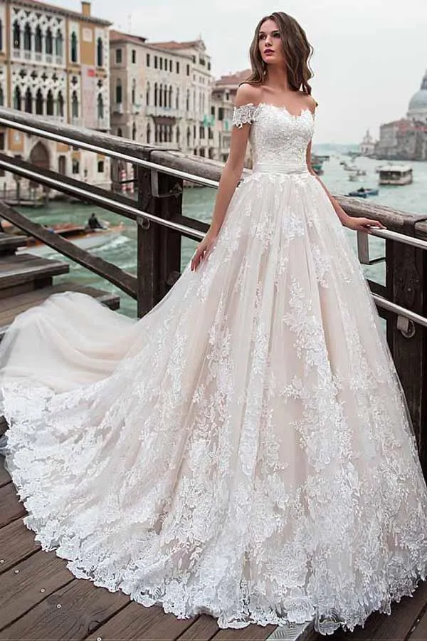 Charming Off The Shoulder Wedding Dress With Lace Appliques