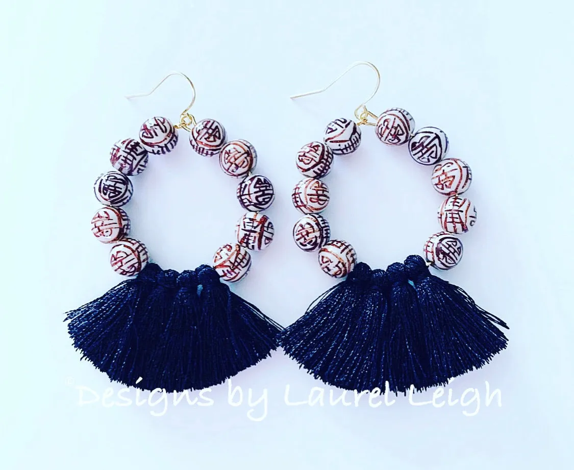 Chinoiserie Beaded Tassel Hoops - Black/Brown